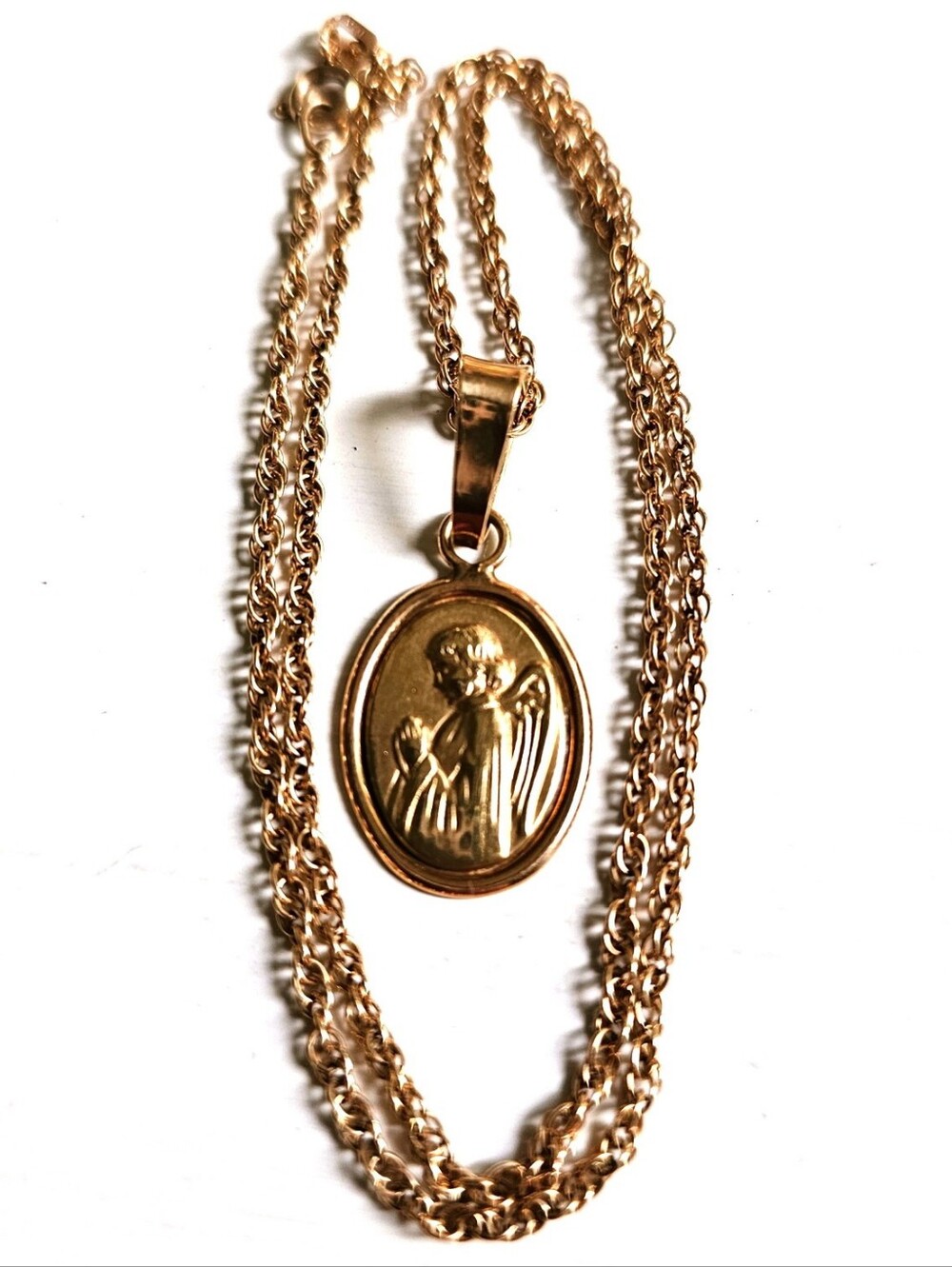 10k Gold Vintage Guardian Angel Pendant On 10k Gold Chain Necklace